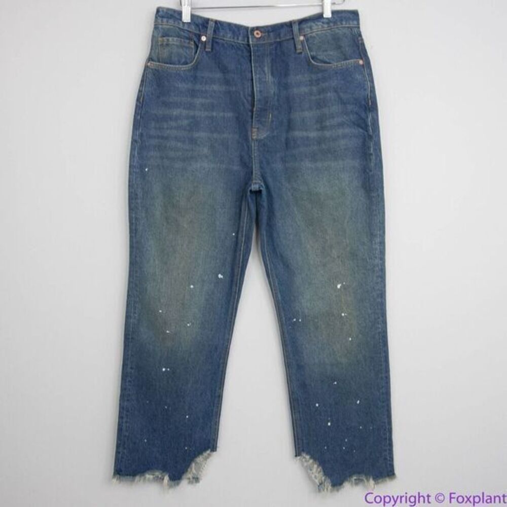 NEW Free People paint splatter raw hem cropped‎ Maggie straight jeans, 31 - Picture 2 of 16